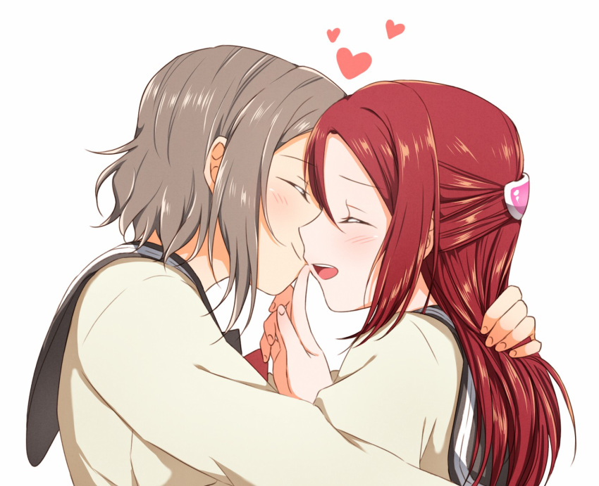 2girls :d ^_^ blush closed_eyes closed_eyes face-to-face finger_to_mouth grey_hair hair_ornament hairclip heart highres hug long_hair long_sleeves love_live! love_live!_sunshine!! multiple_girls open_mouth redhead sakurauchi_riko short_hair sidelocks simple_background smile upper_body watanabe_you white_background yuchi_(salmon-1000) yuri