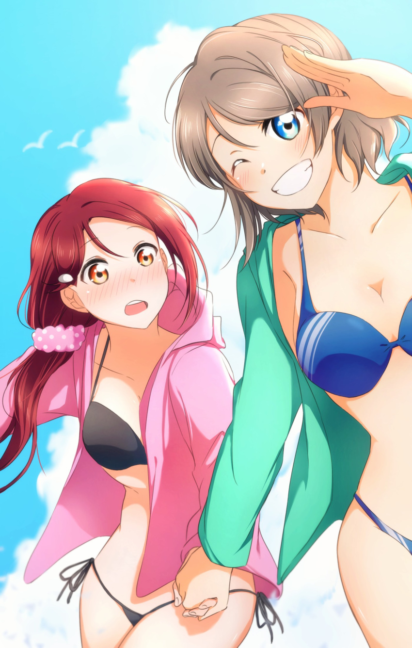 2girls bare_shoulders bikini black_bikini blue_bikini blue_eyes blush breasts cleavage collarbone day green_jacket grey_hair grin hair_ornament hair_over_shoulder hairclip hand_holding highres hood hood_down hooded_jacket jacket long_hair long_sleeves looking_at_another looking_at_viewer love_live! love_live!_sunshine!! low-tied_long_hair multiple_girls nose_blush one_eye_closed outdoors pink_jacket pink_scrunchie polka_dot polka_dot_scrunchie redhead sakurauchi_riko salute scrunchie short_hair side-tie_bikini smile swimsuit watanabe_you yellow_eyes yuchi_(salmon-1000)