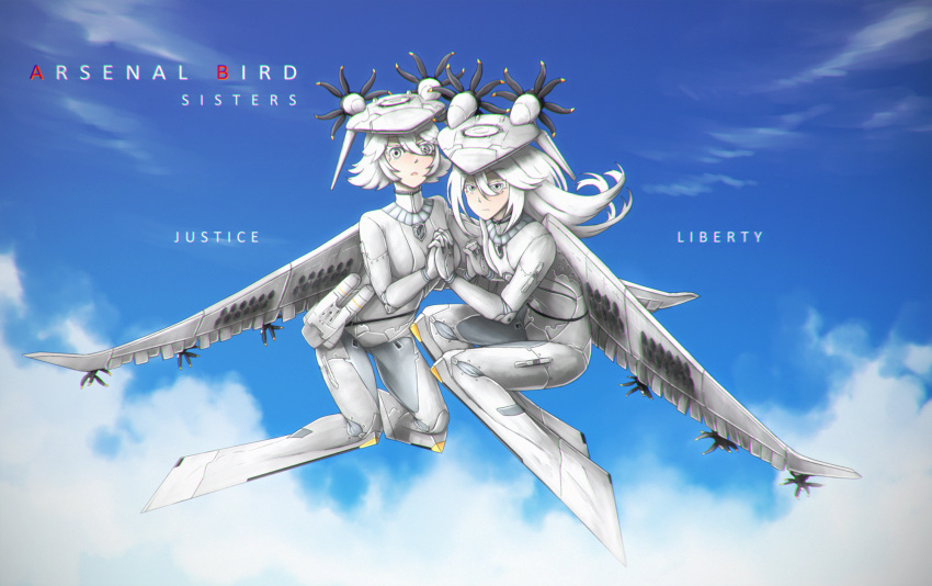 2girls ace_combat_7 arsenal_bird blue_sky bodysuit clouds contra-rotating_propellers flying hair_between_eyes hand_holding headgear highres kama_iruka long_hair looking_at_viewer mecha_musume multiple_girls personification propeller short_hair sky white_hair wide-eyed wings yellow_eyes