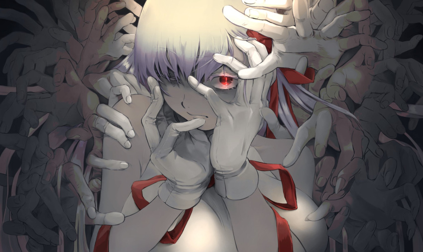 1girl bandaid_on_finger bangs bare_shoulders bb_(fate)_(all) bb_(swimsuit_mooncancer)_(fate) breasts commentary dark eyebrows_visible_through_hair fate/extra fate/extra_ccc fate/grand_order fate_(series) fingernails frown gloves grey_skin hair_ribbon hand_in_hair hand_on_own_face hand_on_shoulder hands highres kusaruniku large_breasts leotard light long_hair neck_ribbon off_shoulder purple_hair red_eyes red_ribbon ribbon sharp_fingernails solo swimsuit upper_body very_long_hair white_gloves white_leotard white_swimsuit