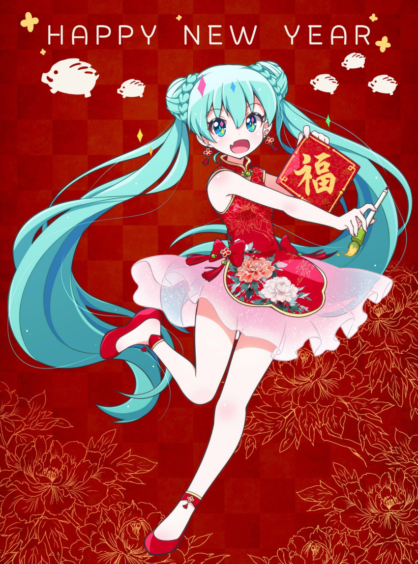 1girl :d alternate_costume alternate_hairstyle aqua_eyes aqua_hair bare_arms bare_legs bare_shoulders blush boar bow calligraphy_brush checkered checkered_background commentary_request double_bun dress earrings fang floral_print fuusen_neko hatsune_miku highres holding_brush jewelry leg_up long_hair looking_at_viewer no_legwear open_mouth paintbrush pink_skirt print_dress red_background red_bow red_dress red_footwear see-through shoes skirt sleeveless sleeveless_dress smile solo standing standing_on_one_leg tareme tassel translated twintails very_long_hair vocaloid
