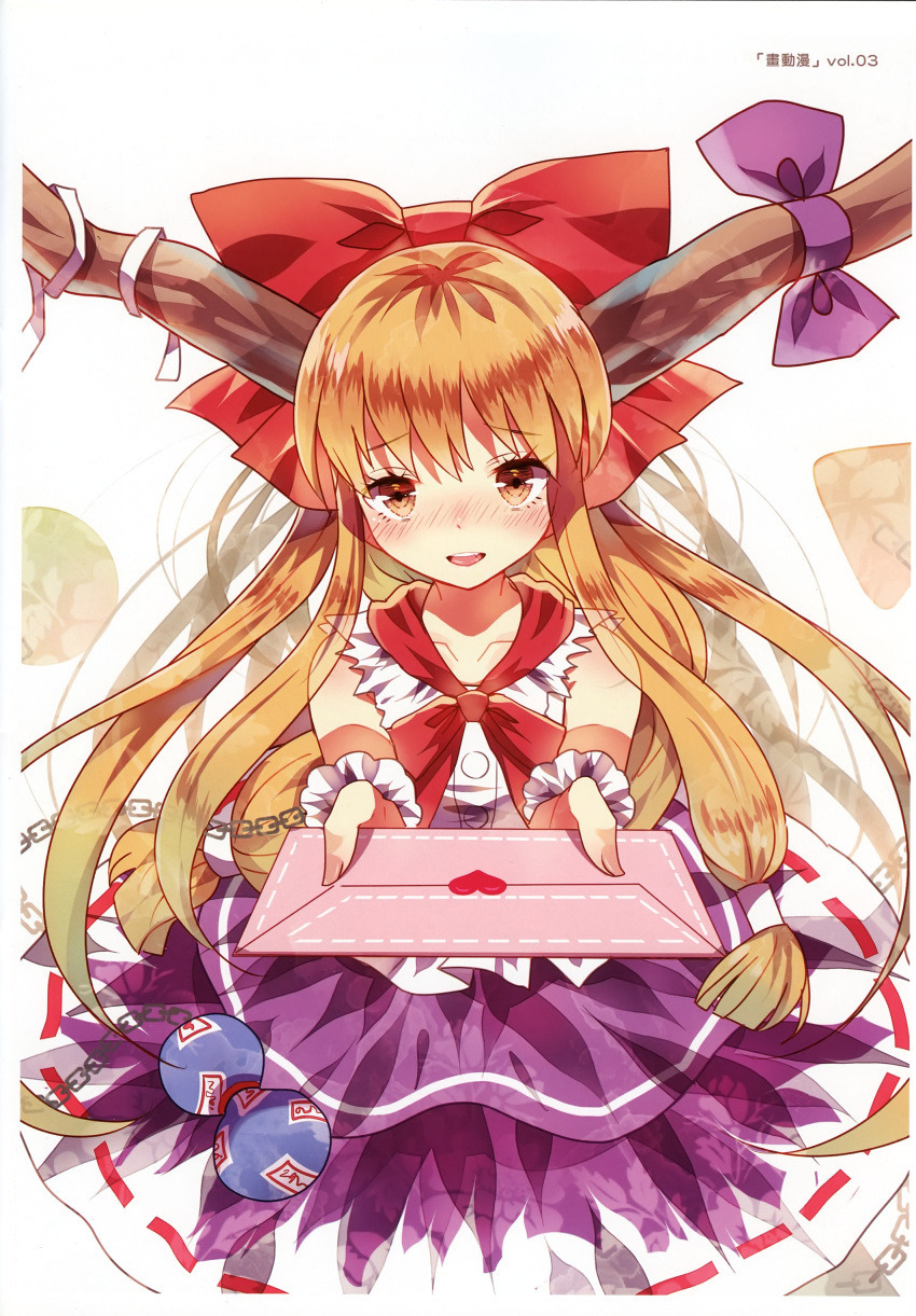 1girl absurdres bangs blush bow brown_eyes collarbone commentary_request cowboy_shot domotolain eyebrows_visible_through_hair fang gourd hair_bow heart highres holding holding_letter horn_ribbon horns ibuki_suika letter long_hair looking_at_viewer love_letter nose_blush oni oni_horns open_mouth orange_hair purple_ribbon purple_skirt red_bow red_neckwear ribbon scan shirt sidelocks simple_background skirt sleeveless sleeveless_shirt smile solo touhou translation_request white_background white_shirt wrist_cuffs