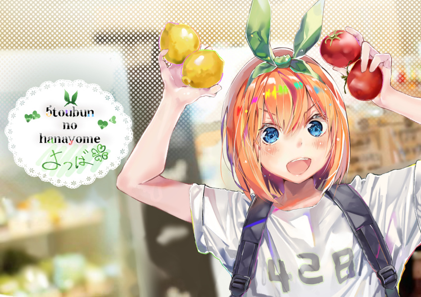 backpack bag blue_eyes blurry blurry_background food fruit go-toubun_no_hanayome hair_ribbon lemon moshi_0208 nakano_yotsuba orange_hair ribbon shirt tomato white_shirt