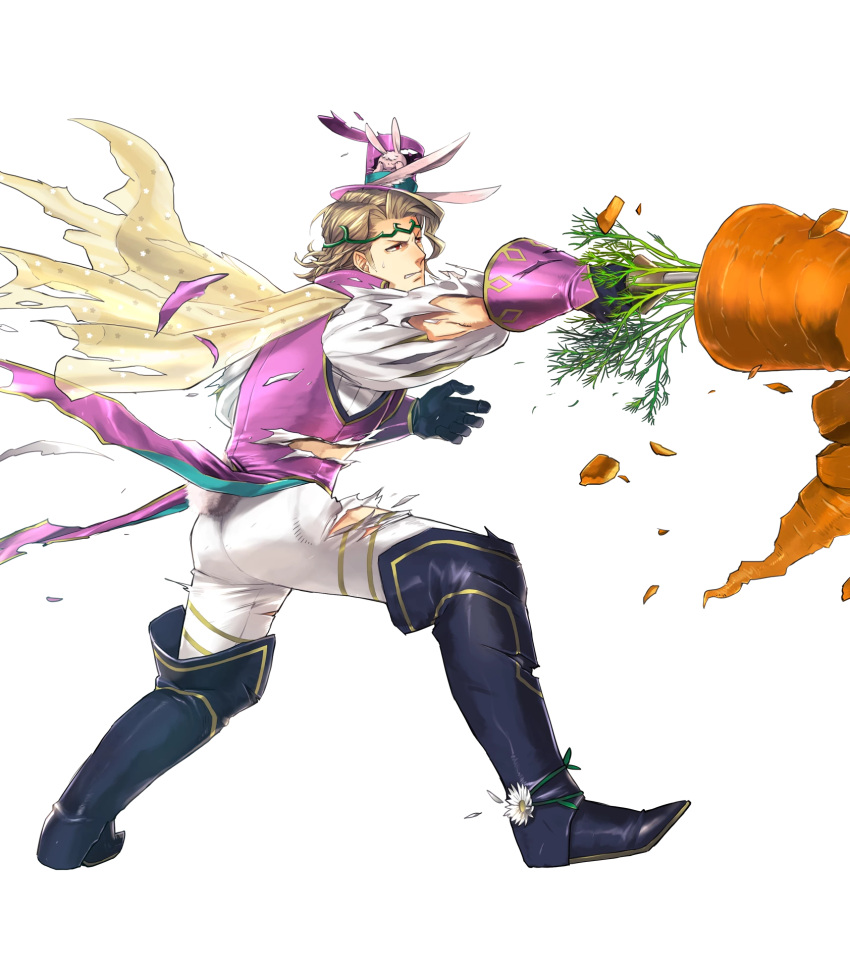 1boy alternate_costume animal_ears back blonde_hair boots bunny_tail cape carrot fire_emblem fire_emblem_heroes fire_emblem_if flower full_body gloves hat highres injury leaf male_focus marks_(fire_emblem_if) nintendo official_art rabbit rabbit_ears red_eyes suekane_kumiko tail teeth tiara torn_clothes transparent_background