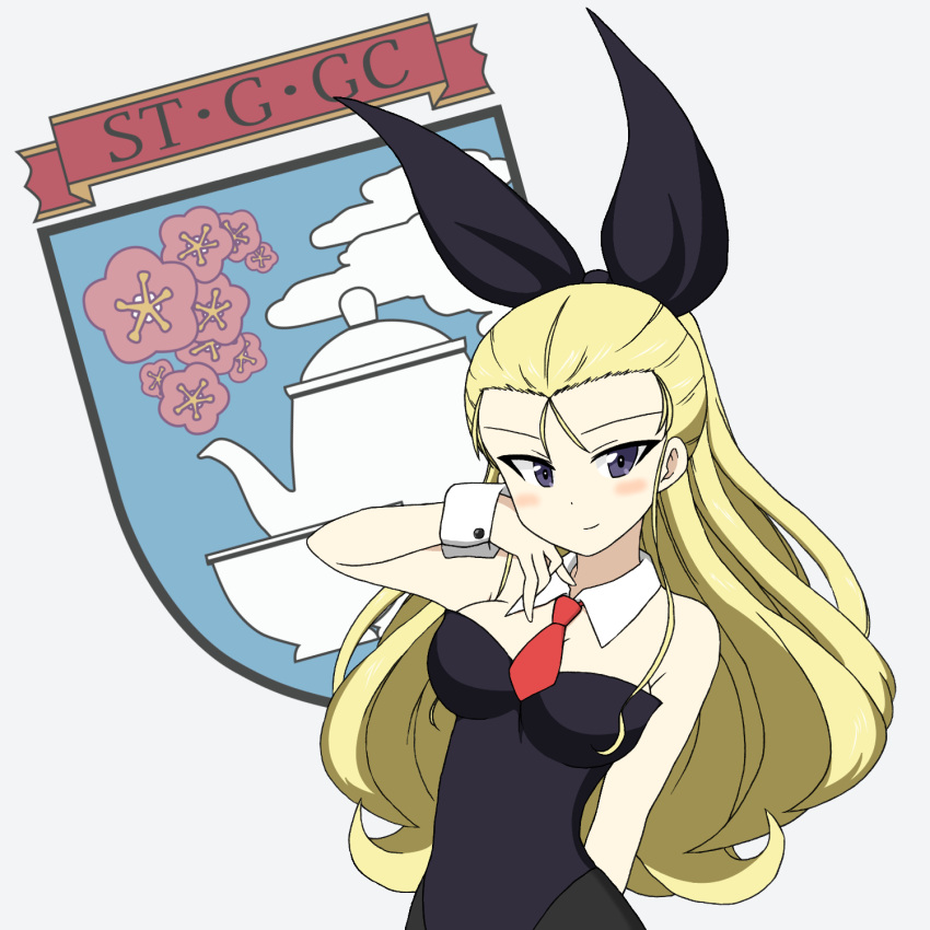 animal_ears arm_behind_head assam black_legwear black_leotard black_ribbon blonde_hair blue_eyes breasts bunnysuit cleavage closed_mouth commentary_request detached_collar emblem fake_animal_ears girls_und_panzer hair_pulled_back hair_ribbon hand_on_own_face highres ichinose_jun leotard light_blush long_hair looking_at_viewer medium_breasts necktie pantyhose partial_commentary rabbit_ears red_neckwear ribbon smile smirk st._gloriana's_(emblem) standing strapless strapless_leotard upper_body white_background wing_collar wrist_cuffs