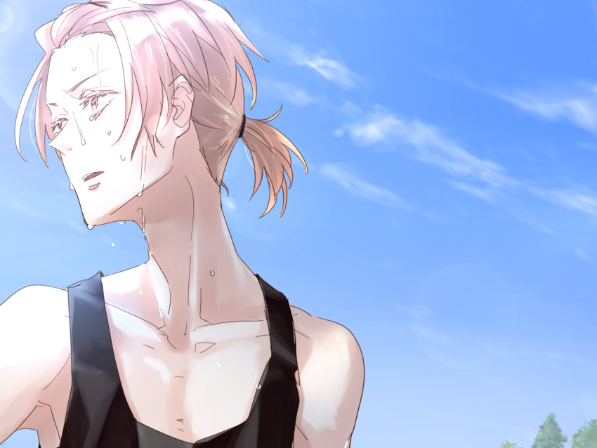 1boy blonde_hair blue_sky collarbone day freckles hair_tie hiwomushi kashiwazaki_akane kaze_ga_tsuyoku_fuiteiru looking_away male_focus outdoors parted_lips short_ponytail sky solo standing sweat track_uniform tree upper_body