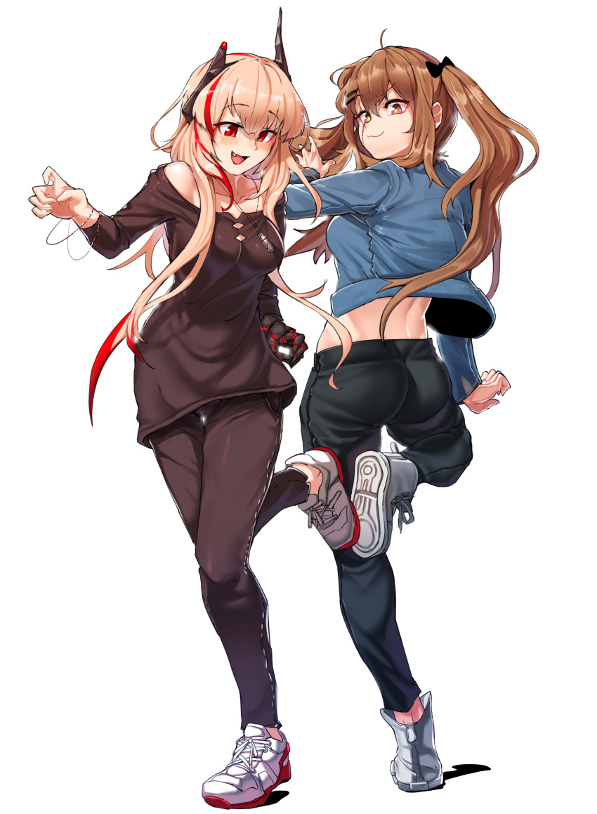 2girls :d absurdres ass bare_shoulders black_bow bow bracelet brown_eyes brown_hair collarbone fang from_behind girls_frontline hair_bow hair_ornament hairclip highres jewelry long_hair looking_back m4_sopmod_ii_(girls_frontline) multiple_girls necklace open_mouth pink_hair red_eyes scar sd_bigpie shadow simple_background smile standing standing_on_one_leg twintails ump9_(girls_frontline) white_background