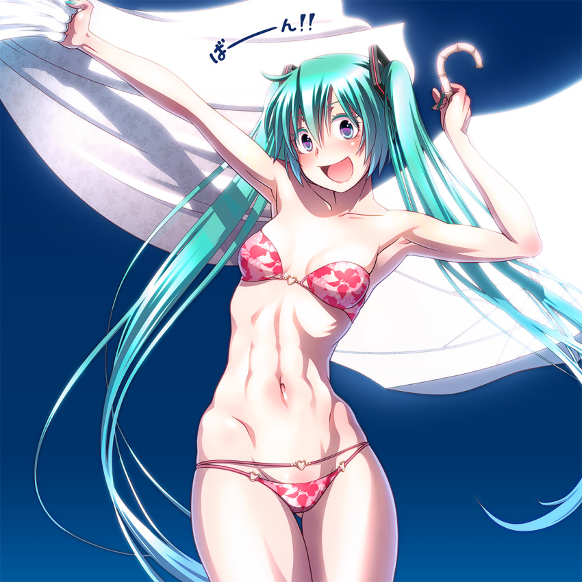 1girl aqua_hair aqua_nails ass_visible_through_thighs bikini blue_background breasts clothes_removed collarbone cowboy_shot dress dress_removed fingernails floral_print gradient gradient_background hatsune_miku highres holding_clothes looking_at_viewer lowleg lowleg_bikini nail_polish navel open_mouth pink_bikini ribs small_breasts smile solo swimsuit swimsuit_under_clothes twintails umbrella undressing vocaloid white_dress white_umbrella wokada