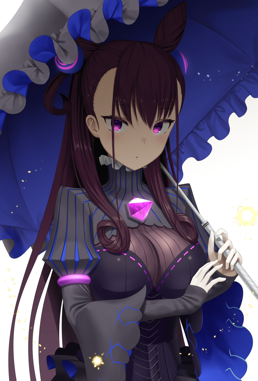 1girl absurdres bangs black_dress blue_umbrella breasts brown_hair commentary_request dress eyebrows_visible_through_hair fate/grand_order fate_(series) hair_between_eyes hair_ornament highres holding holding_umbrella juliet_sleeves large_breasts long_hair long_sleeves murasaki_shikibu_(fate) parted_lips puffy_sleeves ribbon-trimmed_dress ribbon_trim sanbe_futoshi sidelocks simple_background sleeves_past_wrists solo two_side_up umbrella upper_body very_long_hair violet_eyes white_background white_umbrella
