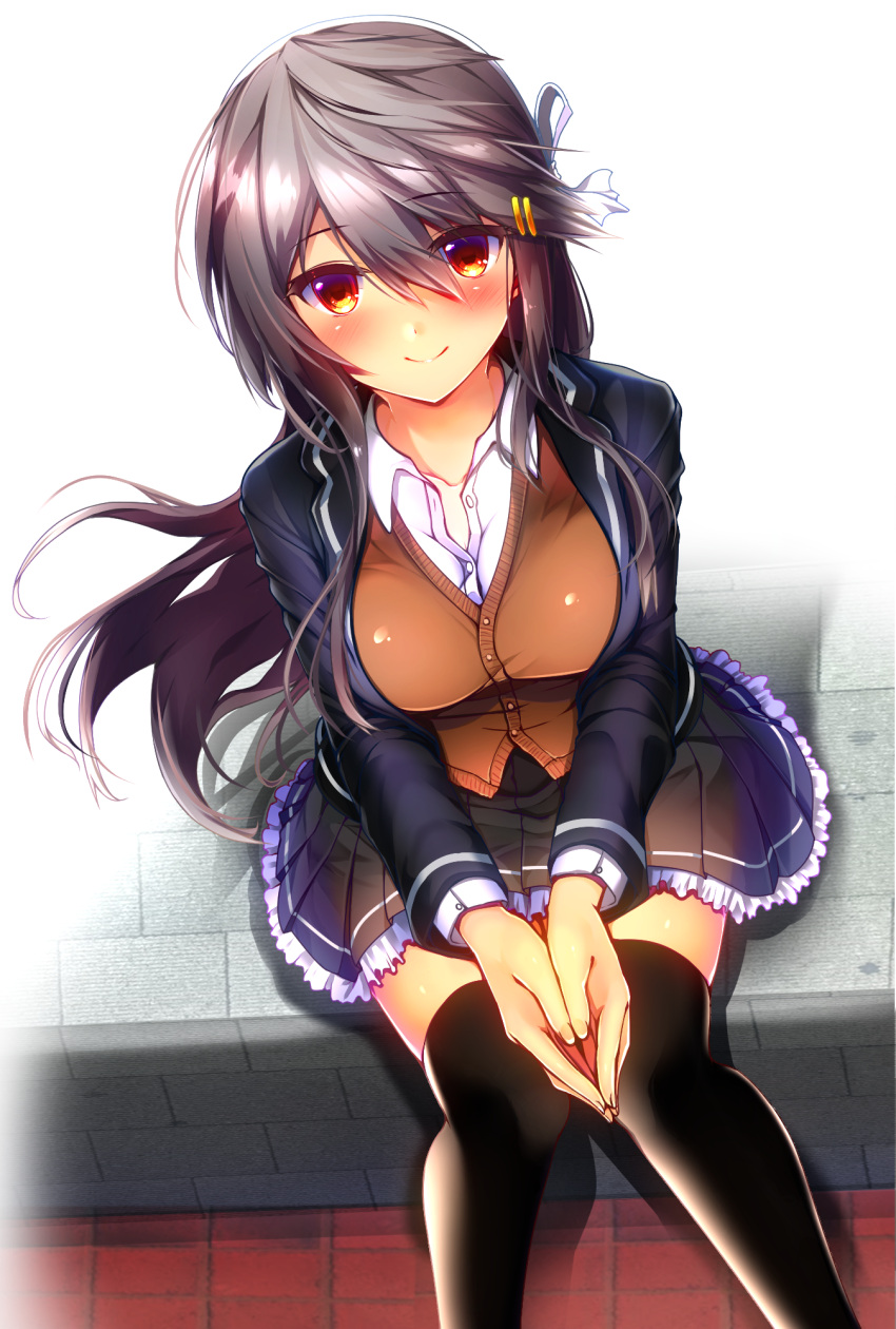 1girl black_hair black_legwear black_skirt blue_jacket blush breasts brown_cardigan brown_eyes cardigan collared_shirt commentary_request hair_ornament hair_ribbon hairband hairclip hands_together haruna_(kantai_collection) highres jacket kantai_collection large_breasts long_hair long_sleeves looking_at_viewer open_clothes open_jacket petticoat pleated_skirt remodel_(kantai_collection) ribbon shirt sitting skindentation skirt smile solo thigh-highs tsukui_kachou white_ribbon white_shirt