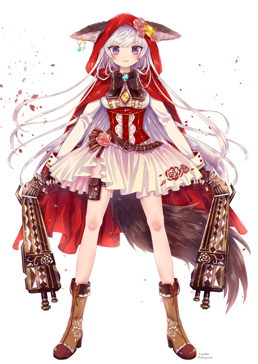 1girl absurdres animal_ears boots bow breasts brooch brown_bow brown_footwear brown_gloves cloak dual_wielding fingerless_gloves gloves gun hat hat_bow highres holding holding_gun holding_weapon hood hooded_cloak jewelry kinyoko long_hair long_sleeves original red_cloak red_hood simple_background small_breasts tail thigh_pouch very_long_hair violet_eyes weapon white_background white_hair