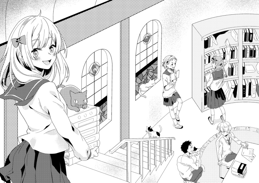 00coffee 2boys 3girls :d blush book bookshelf bow braid cat greyscale hair_bow hairband highres holding holding_book holding_cat indoors kneeling long_hair looking_at_viewer monochrome multiple_boys multiple_girls open_mouth original paper rug school_uniform serafuku shoes short_hair sitting smile socks stained_glass stairs standing table white_cat window