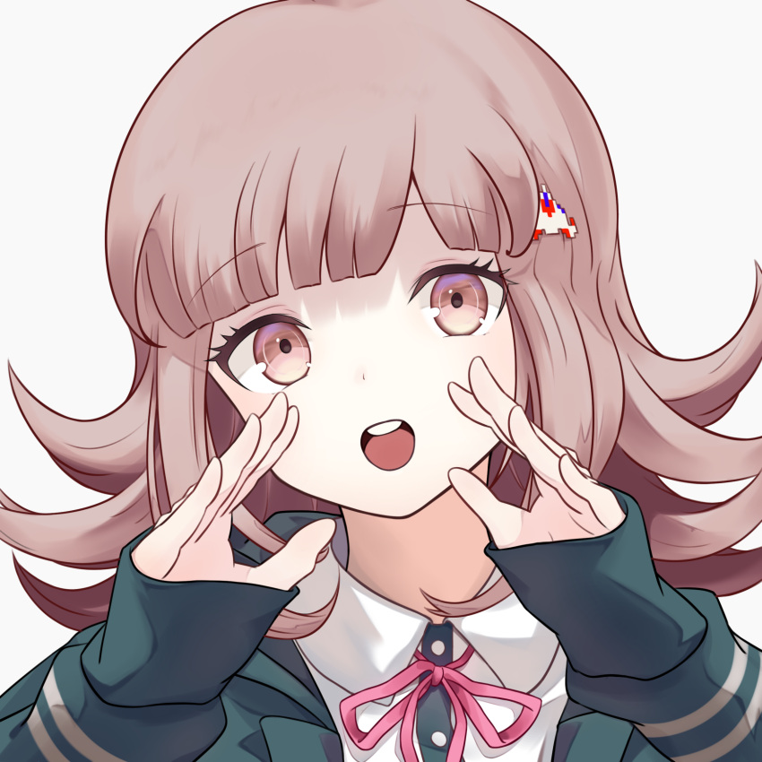 1girl :o bangs black_jacket commentary_request dangan_ronpa dot_nose eyebrows_visible_through_hair face flipped_hair hair_ornament hairclip highres jacket light_brown_hair long_sleeves nanami_chiaki open_clothes open_jacket open_mouth pink_eyes pink_neckwear shirt short_hair simple_background solo super_dangan_ronpa_2 upper_teeth white_background white_shirt y3010607