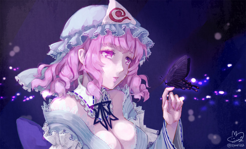 1girl breasts bug butterfly butterfly_on_finger cleavage commentary_request curly_hair dark_background detached_collar eyebrows_visible_through_hair hat insect lace long_sleeves looking_away medium_breasts medium_hair mob_cap nail_polish parted_lips pink_eyes pink_hair pink_lips pink_nails saigyouji_yuyuko solo syuri22 touhou twitter_username upper_body