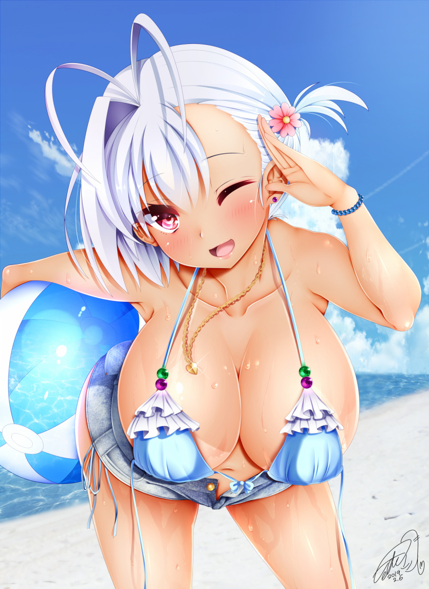 1girl ball bangs beach beachball bending_forward blue_sky blush breasts collarbone commentary_request dated day denim denim_shorts earrings eyebrows_visible_through_hair hair_ribbon head_tilt heart_collar highres jewelry jotti large_breasts light_blue_hair long_hair looking_at_viewer midriff navel one_eye_closed one_side_up open_mouth original pink_lips ribbon shorts sideboob signature sky solo stomach stud_earrings sunlight swimsuit tan tanline tongue unbuttoned violet_eyes water