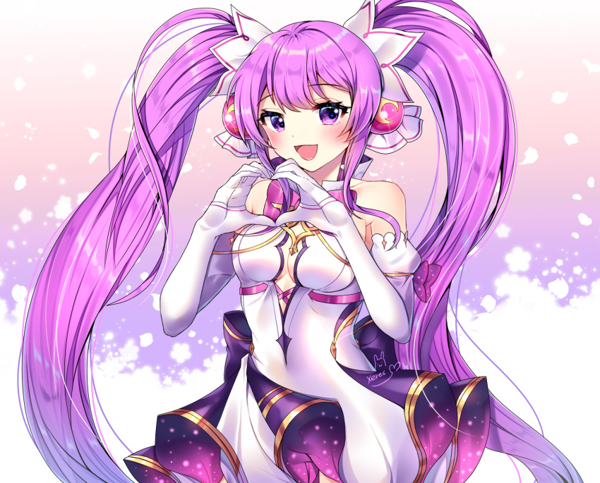 1girl :d aisha_(elsword) bangs bare_shoulders blush breasts cleavage cleavage_cutout commentary_request dress elbow_gloves elsword eyebrows_visible_through_hair gloves hair_ornament hands_up heart heart_hands highres long_hair looking_at_viewer magical_girl medium_breasts open_mouth purple_hair signature smile solo twintails very_long_hair white_dress white_gloves xes_(xes_5377)