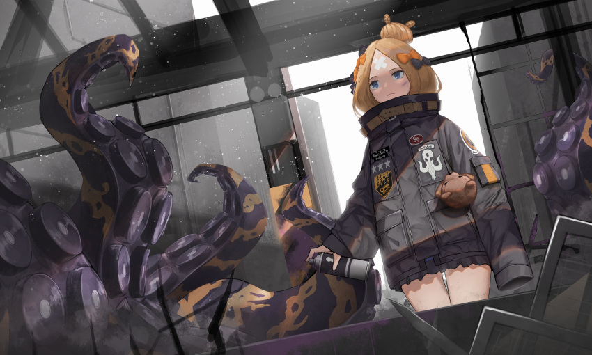 1girl abigail_williams_(fate/grand_order) backlighting bangs black_bow black_jacket blonde_hair blue_eyes bow closed_mouth commentary_request crossed_bandaids day dutch_angle dw fate/grand_order fate_(series) hair_bow hair_bun heroic_spirit_traveling_outfit highres holding indoors jacket key long_hair long_sleeves object_hug orange_bow parted_bangs polka_dot polka_dot_bow sleeves_past_fingers sleeves_past_wrists solo spray_can star stuffed_animal stuffed_toy suction_cups sunlight teddy_bear tentacle thigh_gap