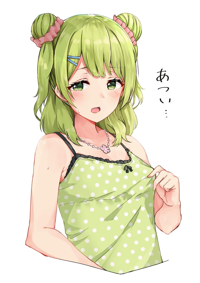1girl absurdres bangs bare_arms bare_shoulders blush bow camisole cropped_torso double_bun eyebrows_visible_through_hair green_camisole green_eyes green_hair hair_ornament hair_scrunchie hairclip highres jewelry light_green_hair long_hair looking_at_viewer morinaka_kazaki necklace nijisanji open_mouth pink_scrunchie polka_dot polka_dot_camisole racchi. scrunchie side_bun simple_background solo sweat uneven_eyes virtual_youtuber white_background