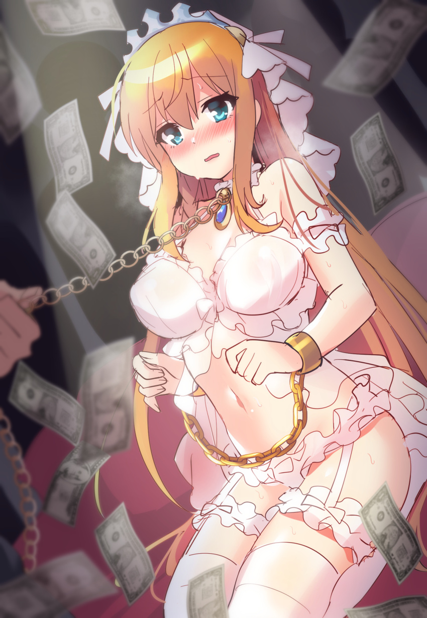 1girl ahoge bangs blonde_hair blue_eyes blush breasts chains cleavage cuffs hair_between_eyes highres hoshina_meito large_breasts long_hair open_mouth pecorine princess_connect! princess_connect!_re:dive ribbon shackles thigh-highs tiara very_long_hair