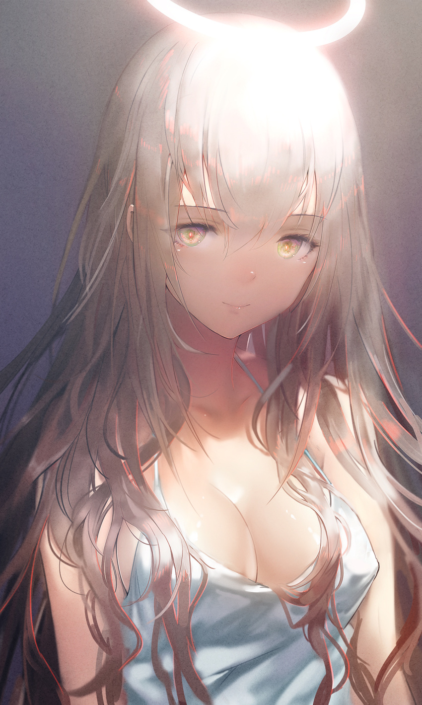 1girl bangs bare_arms bare_shoulders breasts brown_eyes brown_hair camisole cleavage closed_mouth collarbone erect_nipples eyelashes hair_between_eyes halo halterneck haori_iori highres large_breasts long_hair looking_at_viewer messy_hair no_bra original shirt sidelocks smile solo upper_body white_shirt