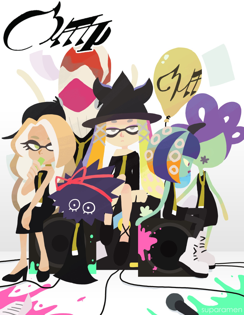 6+girls aachin_(splatoon) absurdres balloon band bibi_(splatoon) black_footwear blonde_hair boots dress green_eyes green_skin hat highres ink karen_(splatoon) kazoo kitamura_(splatoon) long_hair mayaya_(splatoon) microphone multicolored_hair multiple_girls nautilus_(animal) necktie paper purple_hair sea_urchin simple_background sitting splatoon splatoon_(series) splatoon_2 stereo suparamen tentacle_hair white_background white_footwear yoko_(splatoon)