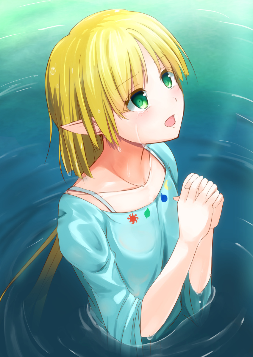 1girl absurdres blonde_hair blue_shirt character_request collarbone crying crying_with_eyes_open elf green_eyes hands_clasped highres k3rd long_hair looking_up open_mouth own_hands_together partially_submerged pointy_ears shirt solo tears