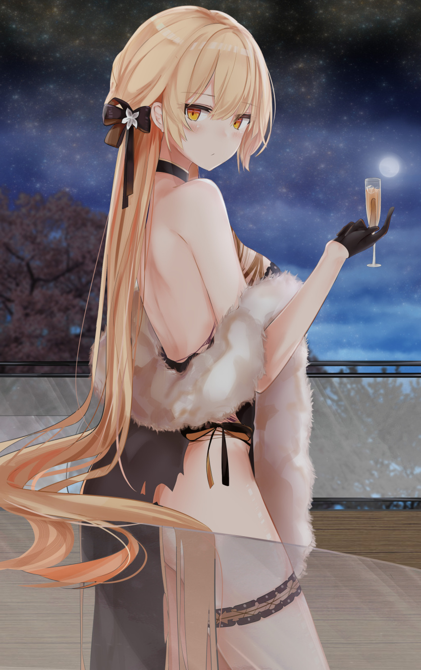 1girl absurdres alternate_costume bangs bare_shoulders black_dress black_gloves blonde_hair blush braid breasts champagne_flute china_dress chinese_clothes closed_mouth cup dress drinking_glass eyebrows_visible_through_hair full_moon girls_frontline gloves highres holding holding_cup long_hair looking_at_viewer moon night night_sky ots-14_(girls_frontline) outdoors ru_zhai sky solo star_(sky) starry_sky torn_clothes very_long_hair yellow_eyes