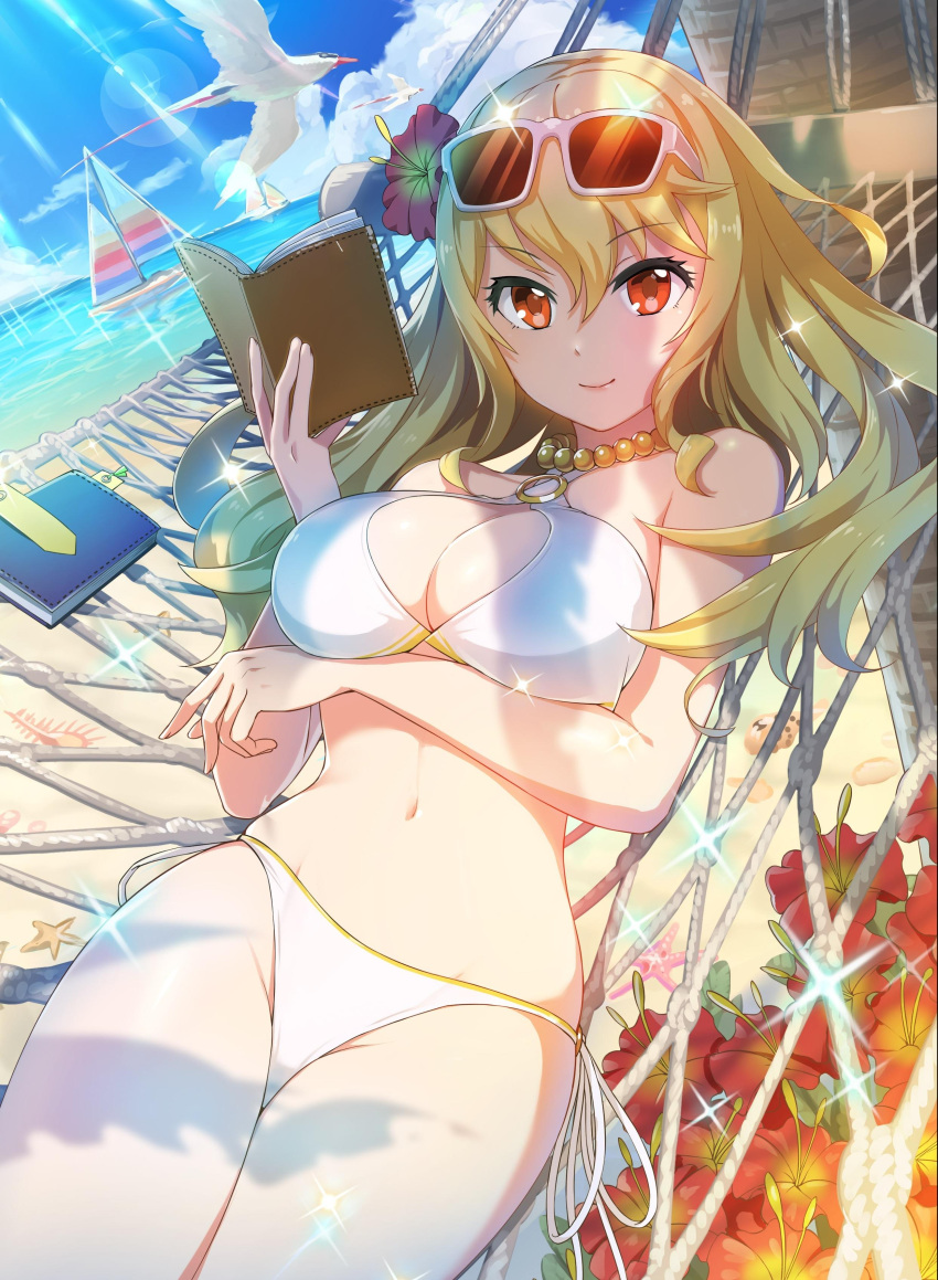 1girl absurdres bikini bird blonde_hair blue_sky boat book breasts cleavage cleavage_cutout clouds cowboy_shot eyebrows_visible_through_hair eyewear_on_head floating_hair flower groin hair_between_eyes hibiscus highres holding jewelry large_breasts lens_flare looking_at_viewer lying navel necklace official_art on_back open_book orange_eyes outdoors project_tokyo_dolls redhead ribbon shiny shiny_hair side-tie_bikini sky smile solo sunglasses sunlight swimsuit watercraft white-framed_eyewear white_bikini white_ribbon