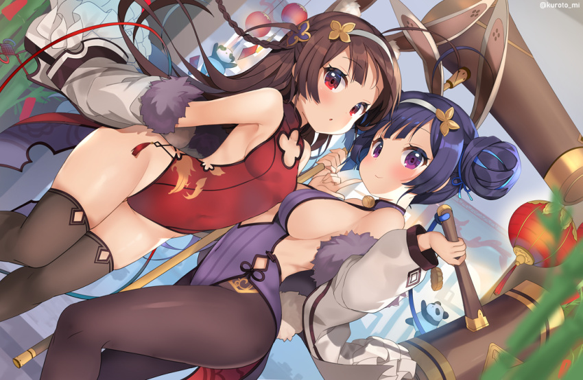 2girls ahoge animal_ears azur_lane bell black_legwear blush breasts brown_hair cleavage_cutout closed_mouth covered_navel double_bun eyebrows_visible_through_hair fake_animal_ears hair_bun hairband jingle_bell kurot large_breasts leotard long_hair looking_at_viewer multiple_girls ning_hai_(azur_lane) panda pantyhose parted_lips ping_hai_(azur_lane) purple_hair purple_leotard rabbit_ears red_eyes red_leotard small_breasts smile thigh-highs thighs twitter_username violet_eyes white_hairband