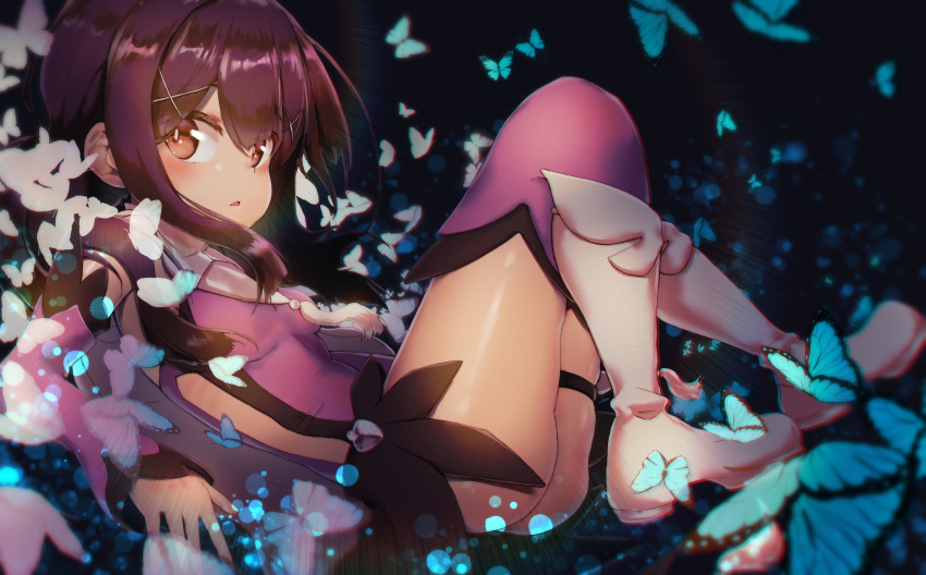1girl absurdres ass black_hair boots brown_eyes bug butterfly detached_sleeves fate/kaleid_liner_prisma_illya fate_(series) from_side hair_ornament hairclip highres insect karu_(ricardo_2628) knees_up leotard long_hair lying miyu_edelfelt on_back open_mouth purple_legwear purple_leotard solo thigh-highs thigh_strap twintails white_footwear