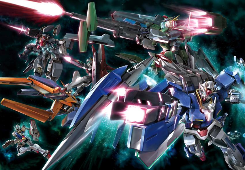 00_raiser 0_gundam arios_gundam_gnhw beam_cannon beam_gun beam_rifle cherudim_gundam_gnhw earth energy_gun firing gn_archer gn_drive gundam gundam_00 holding holding_sword holding_weapon ptolemy_(spaceship) seraphim_gundam_gnhw seravee_gundam_gnhw shield space sword tonycs007 weapon