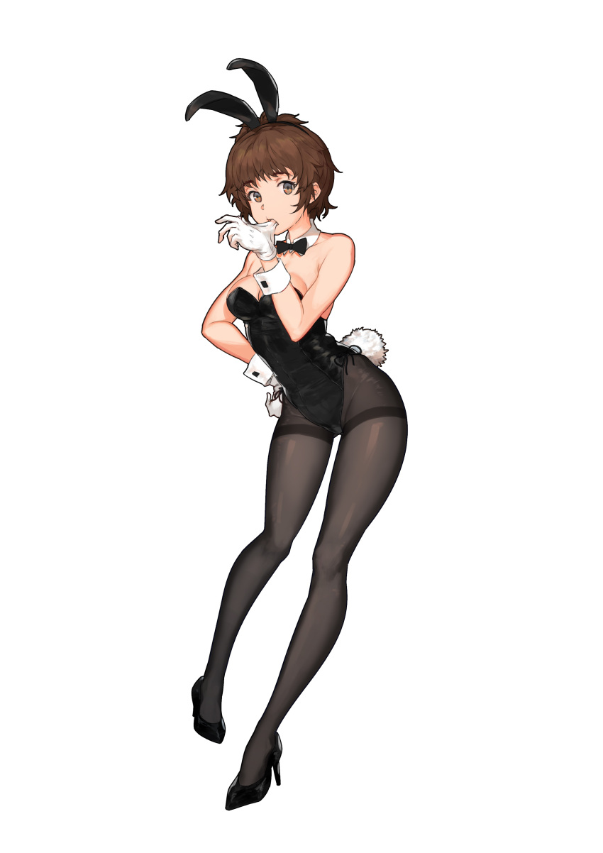 1girl absurdres animal_ears bangs bare_shoulders black_footwear black_legwear black_leotard bow bowtie breasts brown_eyes brown_hair bunny_girl bunny_tail bunnysuit cleavage covered_navel detached_collar fake_animal_ears full_body gloves hand_on_hip high_heels highleg highleg_leotard highres leotard looking_at_viewer medium_breasts mouth_hold original pantyhose rabbit_ears shoes short_hair solo standing strapless strapless_leotard tail thighband_pantyhose unkobako white_background white_gloves wrist_cuffs