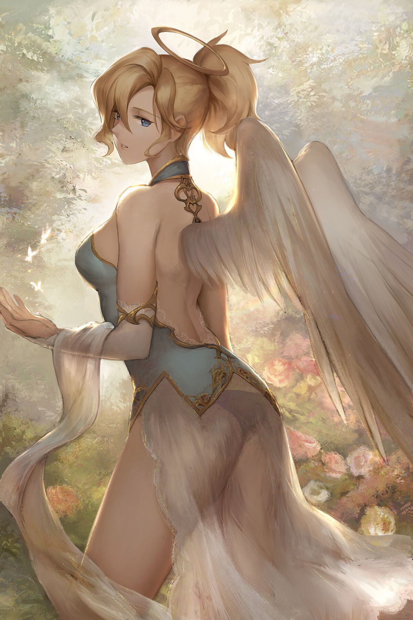 1girl alternate_costume angel angel_wings backless_dress backless_outfit bare_shoulders blonde_hair blue_eyes blurry blurry_background detached_sleeves dress eyelashes fantasy feathered_wings flower from_behind halo highres mercy_(overwatch) overwatch panties parted_lips rose see-through shawl short_ponytail side_slit solo standing stellarism sunlight underwear wings