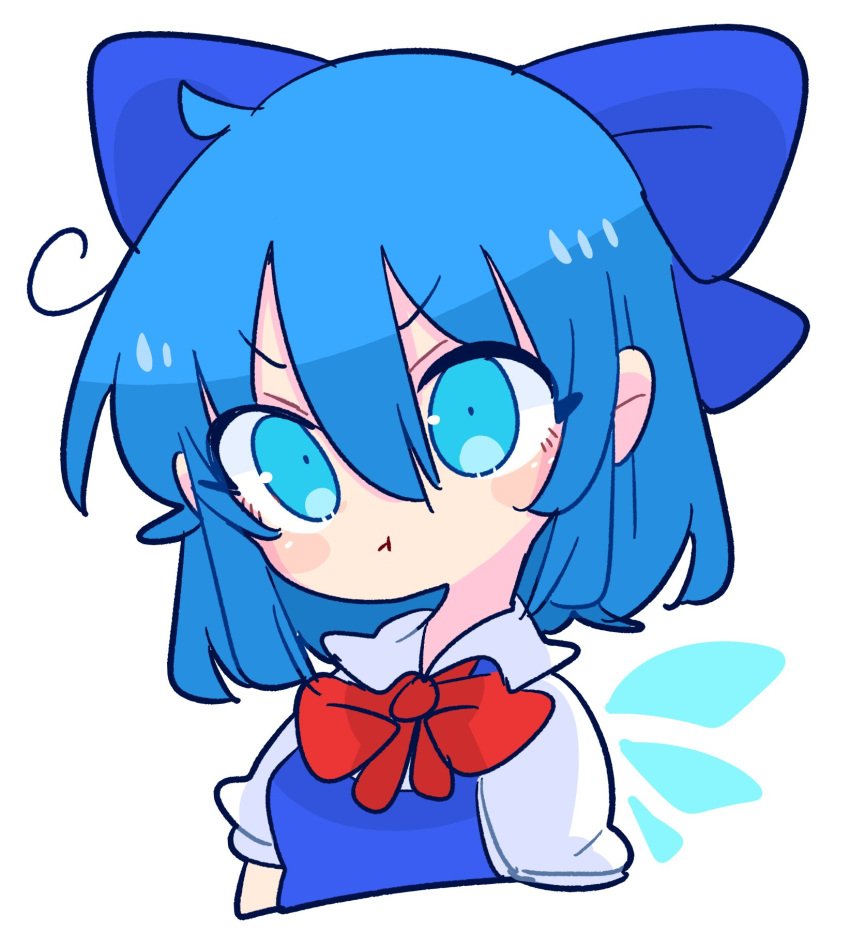 1girl :t bangs blue_dress blue_eyes blue_hair breasts cirno collared_shirt dress flat_chest highres ice ice_wings op_na_yarou pinafore_dress puffy_short_sleeves puffy_sleeves shirt short_hair short_sleeves simple_background small_breasts solo touhou v-shaped_eyebrows white_background white_shirt wings
