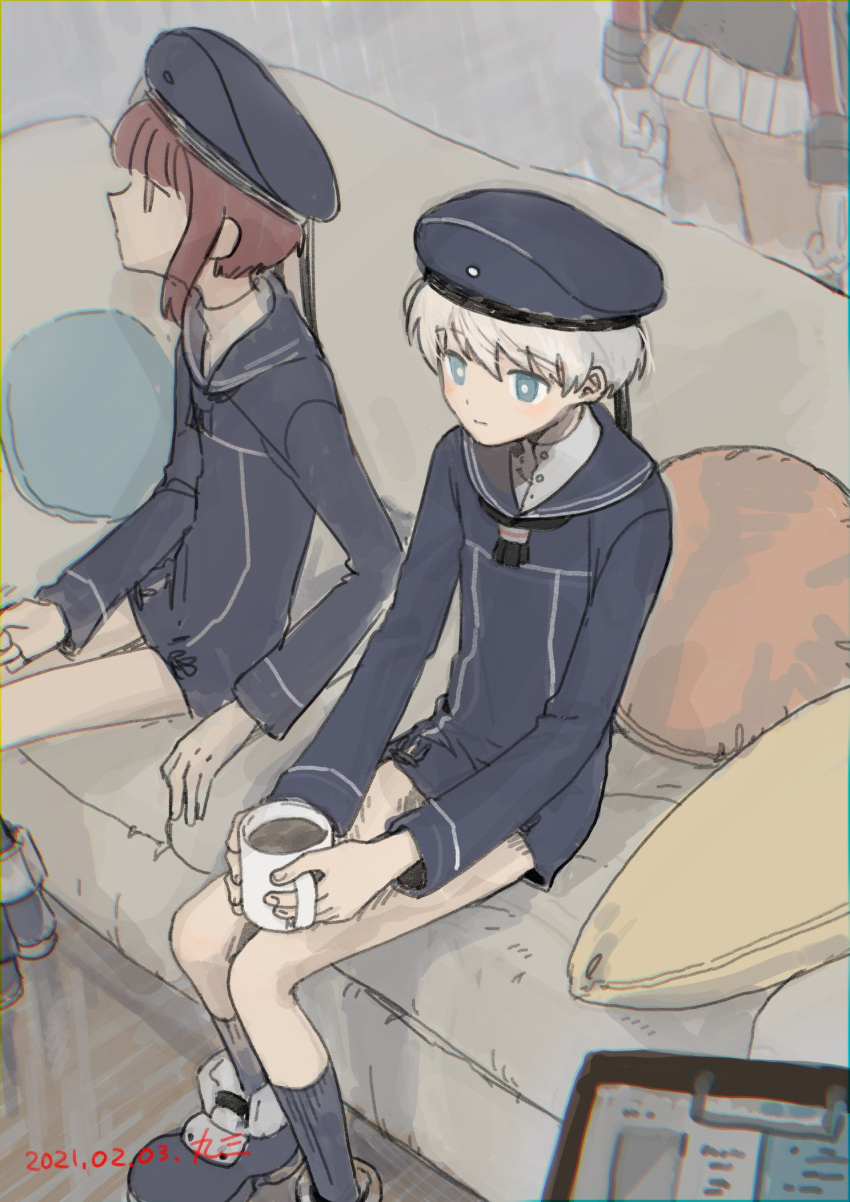 3girls bangs blue_dress blue_eyes blue_footwear blue_headwear blue_legwear blue_sailor_collar brown_hair closed_mouth couch cup cushion dress eyebrows_visible_through_hair gloves hair_between_eyes highres holding holding_cup kantai_collection kneehighs long_sleeves marusan_liliil mug multiple_girls one-hour_drawing_challenge prinz_eugen_(kancolle) sailor_collar sailor_dress short_hair sitting sketch skirt white_gloves white_hair white_skirt z1_leberecht_maass_(kancolle) z3_max_schultz_(kancolle)
