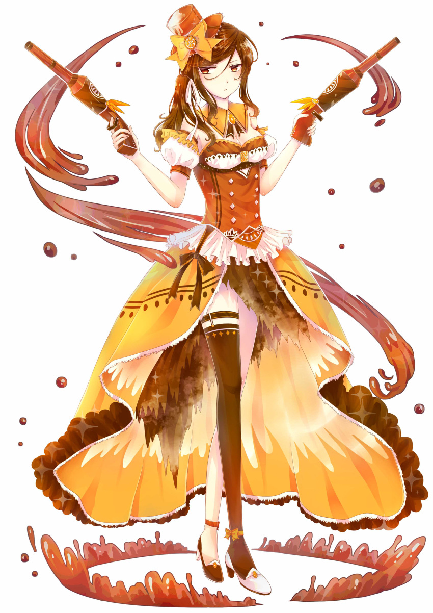 1girl absurdres black_tea_(food_fantasy) bow breasts brown_dress brown_eyes brown_hat brown_legwear cleavage dress droplets dual_wielding food_fantasy hair_bow hat highres holding kinyoko long_hair medium_breasts mismatched_footwear puffy_sleeves single_thighhigh solo tea thigh-highs white_background yellow_bow yellow_dress