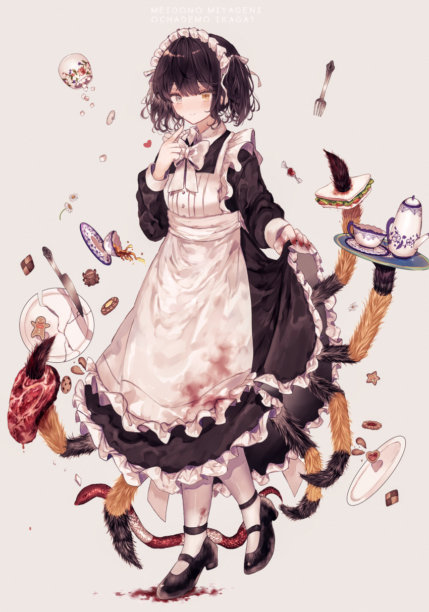 1girl apron background_text bangs black_footwear black_hair blood blood_stain blush bow broken_plate bug closed_mouth collared_dress cookie cup eyebrows_visible_through_hair eyelashes finger_to_face flower food fork frilled_apron frilled_skirt frills gingerbread_man grey_eyes heart heterochromia highres knife leg_up long_skirt long_sleeves looking_at_viewer maid maid_apron maid_dress maid_headdress meat messy_hair original plate pointing_finger ribbon sandwich short_hair simple_background skirt skirt_hold smile snake solo spider spilling standing sugar_cube teacup tray white_legwear white_ribbon y_o_u_k_a yellow_eyes