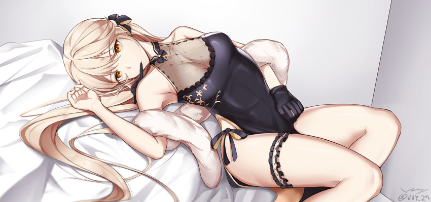 1girl alternate_costume bangs bed_sheet blonde_hair blush braid breasts china_dress chinese_clothes cleavage collarbone dress eyebrows_visible_through_hair girls_frontline glove_in_mouth gloves hair_ribbon leg_garter long_hair looking_at_viewer lying mouth_hold on_back ots-14_(girls_frontline) ribbon see-through side-tie_costume sidelocks signature single_glove solo thighs very_long_hair vvy yellow_eyes