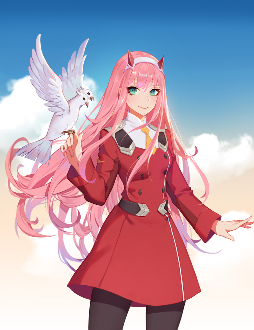 1girl animal animal_on_head bird bird_on_head black_legwear blue_sky clouds cowboy_shot darling_in_the_franxx dress duximeng floating_hair green_eyes hairband highres horns long_hair long_sleeves looking_at_viewer necktie on_head pantyhose pink_hair red_dress shiny shiny_hair short_dress sky smile solo standing two-headed_bird very_long_hair white_hairband yellow_neckwear zero_two_(darling_in_the_franxx)