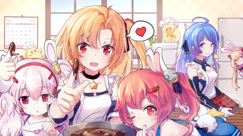 5girls ahoge animal_ears apron azur_lane bailey_(azur_lane) blonde_hair blue_hair carrot_hair_ornament character_request chocolate chocolate_making choker cleveland_(azur_lane) collarbone commentary english_commentary eyebrows_visible_through_hair fake_animal_ears fang food_themed_hair_ornament frilled_apron frills hair_ornament hairband heart helena_(azur_lane) highres ioniccrystal kitchen laffey_(azur_lane) lavender_hair long_hair looking_at_viewer medium_hair mixing_bowl multiple_girls one_side_up open_mouth orange_hair rabbit_ears red_eyes refrigerator side_ponytail smile spoken_heart star star_choker twintails valentine violet_eyes window