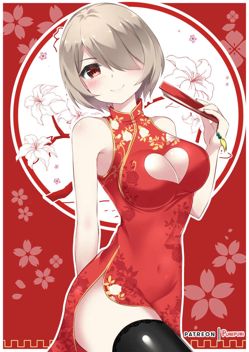1girl absurdres artist_name bare_shoulders black_legwear blush breasts catstudioinc_(punepuni) china_dress chinese_clothes cleavage_cutout commentary dress fan floral_background floral_print folding_fan hair_over_one_eye heart_cutout highres honkai_(series) honkai_impact_3 looking_at_viewer medium_breasts outline patreon_username red_dress red_eyes rita_rossweisse short_hair side_slit smile solo thigh-highs white_outline