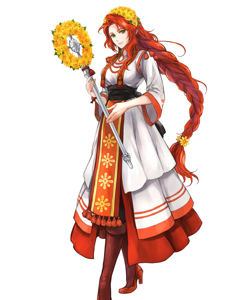 1girl bangs braid closed_mouth dress fire_emblem fire_emblem:_souen_no_kiseki fire_emblem_heroes flower full_body green_eyes head_wreath high_heels highres holding jewelry lips long_sleeves looking_at_viewer necklace nintendo official_art pelvic_curtain red_footwear redhead shiny shiny_hair single_braid smile solo staff standing tiamat_(fire_emblem) transparent_background wada_sachiko wide_sleeves