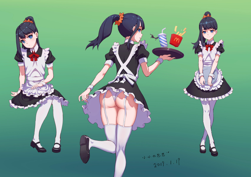 1girl absurdres alternate_costume apron ass bangs black_dress black_footwear black_hair blue_eyes commentary_request dress food french_fries frills garter_straps highres holding holding_tray looking_at_viewer looking_back maid maid_apron maid_dress mcdonald's orange_scrunchie ponytail red_ribbon ribbon scrunchie short_sleeves sitting smile soft_drink ssss.gridman standing takarada_rikka thigh-highs tray user_yunm5888 white_legwear wrist_cuffs