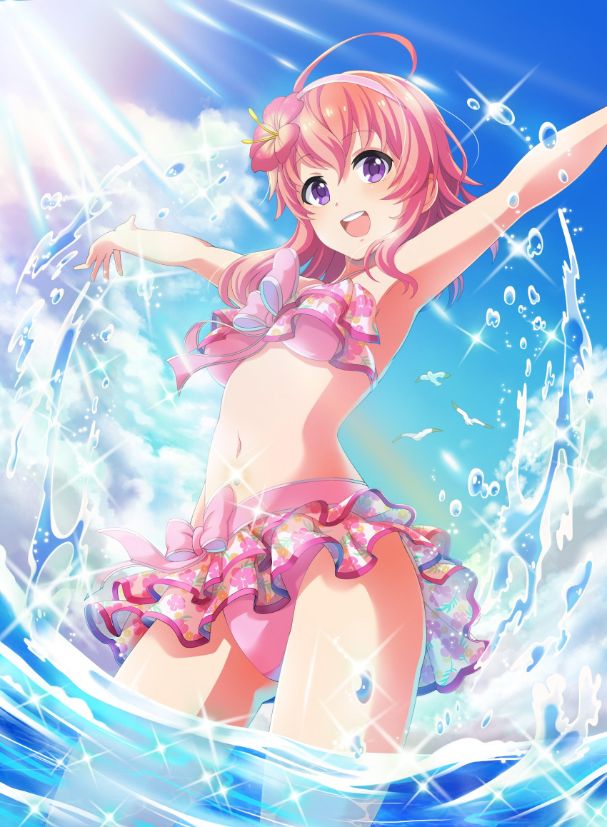 1girl :d absurdres ahoge armpits arms_up bikini bikini_skirt blue_sky clouds cowboy_shot day eyebrows_visible_through_hair floating_hair floral_print flower hair_between_eyes hairband hibiscus highres layered_skirt long_hair looking_at_viewer navel official_art open_mouth outdoors outstretched_arms pink_bikini pink_hair pink_hairband print_skirt project_tokyo_dolls redhead shiny shiny_skin skirt sky smile solo sparkle standing sunlight swimsuit violet_eyes wading