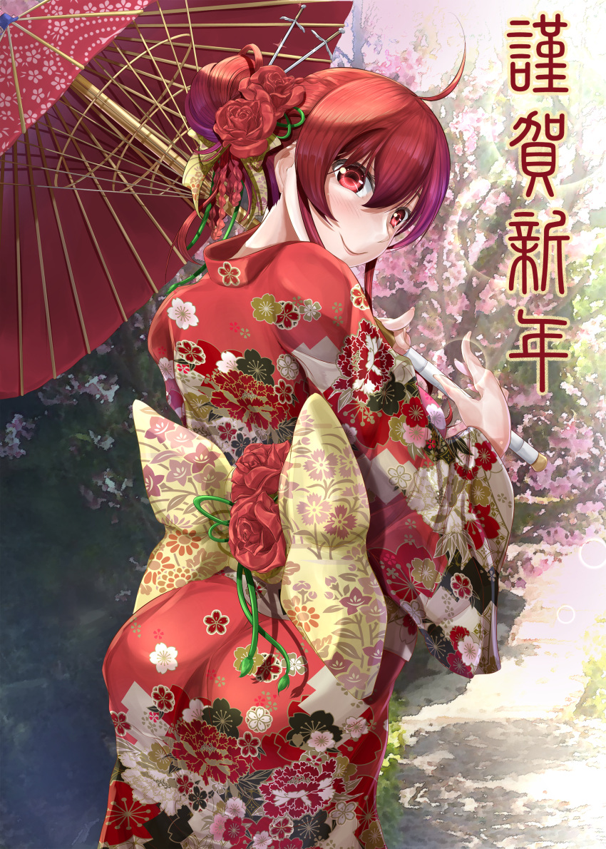 1girl absurdres ahoge blush day eris_greyrat floral_print flower hair_flower hair_ornament hair_up happy_new_year highres japanese_clothes kimono looking_at_viewer looking_back mushoku_tensei new_year obi oriental_umbrella outdoors red_eyes red_flower red_kimono red_umbrella redhead sash smile solo standing touke translated umbrella unmoving_pattern wide_sleeves