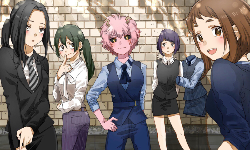 6+girls ashido_mina asui_tsuyu belt black_hair black_sclera black_suit blue_shirt blush boku_no_hero_academia brick_wall brown_eyes brown_hair green_hair hagakure_tooru hair_between_eyes horns invisible jirou_kyouka long_sleeves multiple_girls necktie open_mouth pink_hair pink_skin purple_hair shirt short_hair striped striped_legwear striped_neckwear uraraka_ochako white_shirt yaoyorozu_momo yellow_eyes