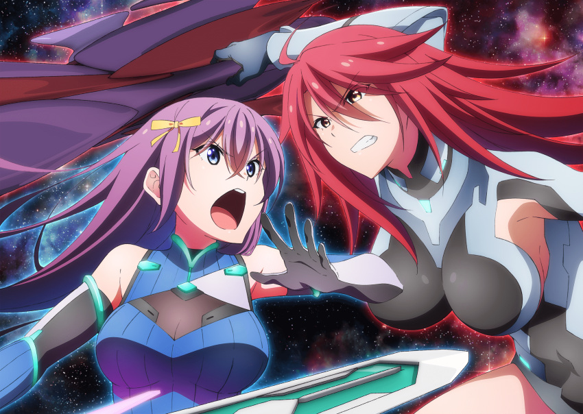 2girls ahoge asymmetrical_gloves asymmetrical_sleeves blue_eyes bodysuit bow breasts breasts_apart circlet_princess cleavage clenched_teeth dujimura_chikage floating_hair gloves grey_gloves hair_between_eyes hair_bow highres holding holding_weapon large_breasts long_hair medium_breasts multiple_girls official_art open_mouth purple_hair redhead sasaki_yuuka shiny shiny_hair teeth upper_body v-shaped_eyebrows very_long_hair weapon yellow_bow yellow_eyes