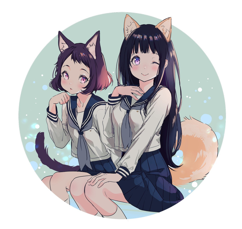 2girls ;) animal_ears black_hair breasts brown_hair chitanda_eru dog_ears highres hyouka ibara_mayaka long_hair looking_at_viewer mery_(apfl0515) multiple_girls one_eye_closed school_uniform serafuku short_hair simple_background sitting smile tail