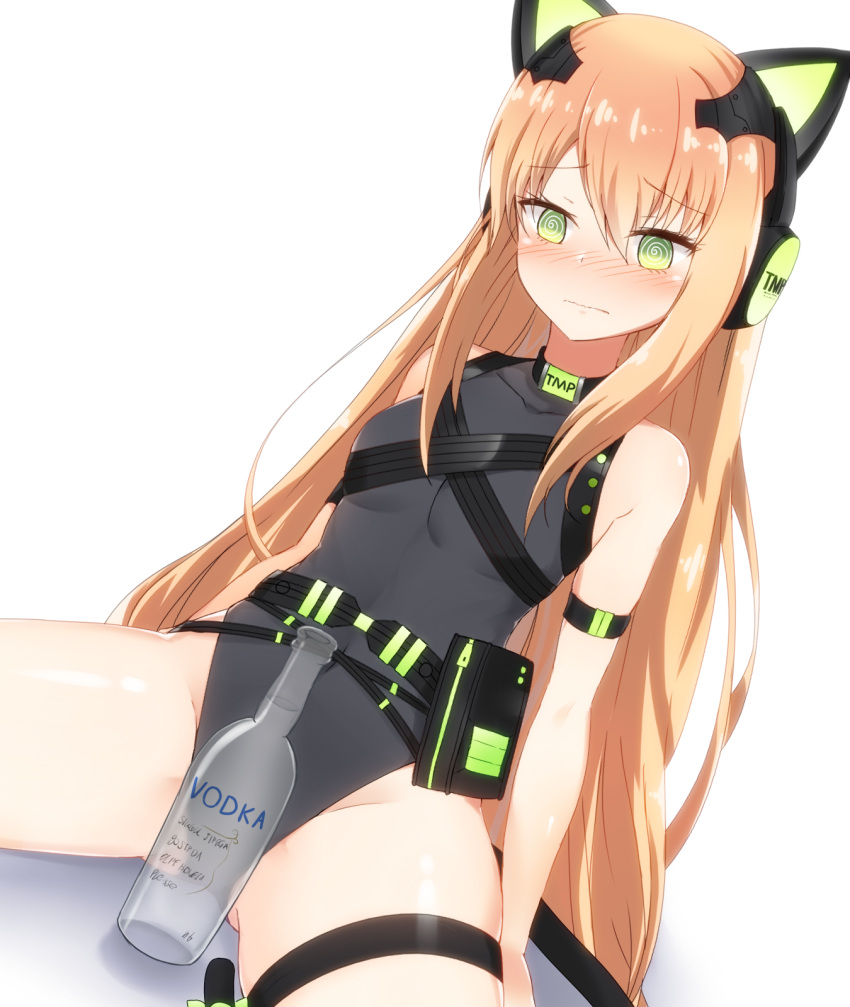 1girl @_@ alcohol animal_ears arm_strap arm_support ass_visible_through_thighs bangs bare_shoulders belt black_leotard blush bottle bow breasts cat_ears cat_tail character_name clothes_writing commentary_request covered_navel dutch_angle eyebrows_visible_through_hair fake_animal_ears frown girls_frontline green_bow green_eyes headphones highres korean_commentary leaning_back leotard long_hair nose_blush orange_hair s1145 simple_background sitting small_breasts solo tail tail_bow thigh_strap tmp_(girls_frontline) transparent very_long_hair vodka wavy_mouth white_background