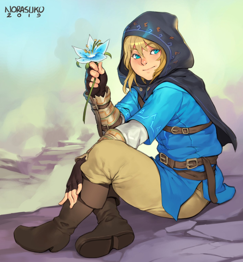 1boy belt blonde_hair blue_eyes blue_shirt boots flower highres hood looking_at_viewer nintendo norasuko shirt sitting the_legend_of_zelda the_legend_of_zelda:_breath_of_the_wild tunic